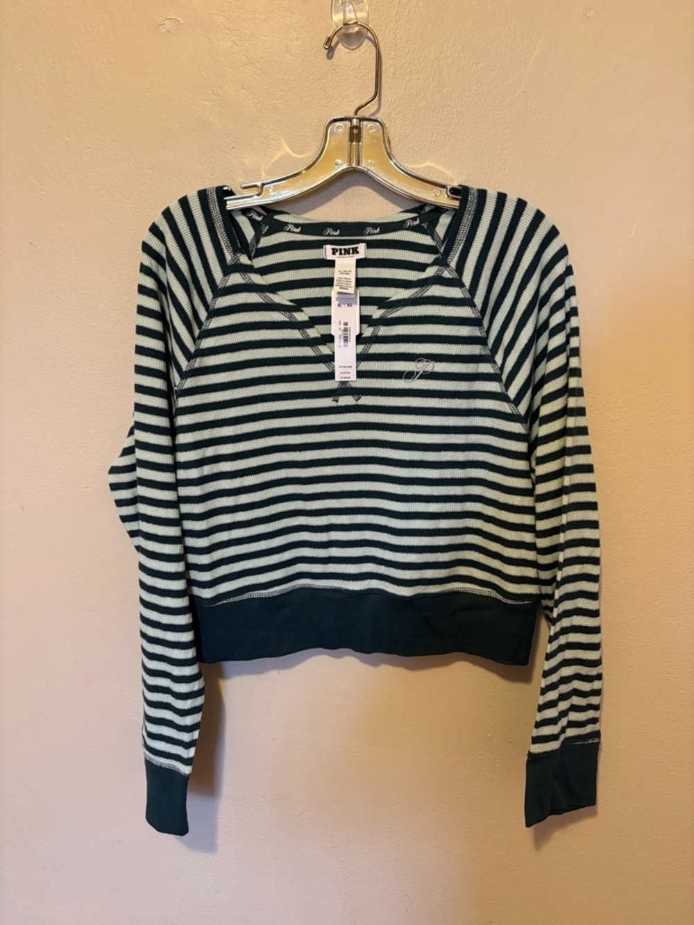 PINK Victoria's Secret Black and White Striped Cropped Raglan Hoodie